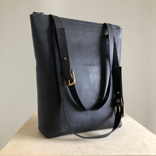 CARV black leather shopper bag in minimalist style with full grain leather