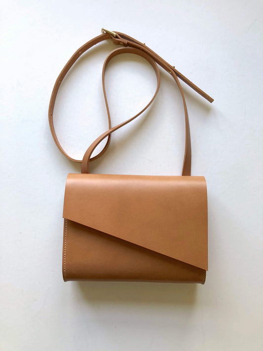 CARV tan leather bag in minimalist style with smooth sand coloured leather