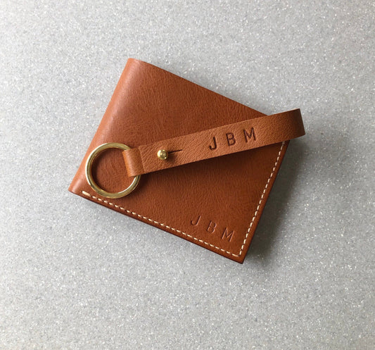 CARV tan leather wallet and keyring set personalised with embossed initials