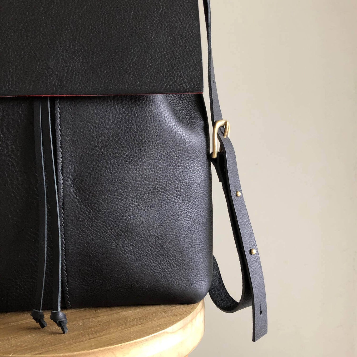 close up of CARV black leather backpack minimalist style