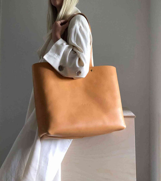 Basket Maxi Leather Tote Bag in Natural by CARV London, large leather tote with minimalist design and unisex appeal.