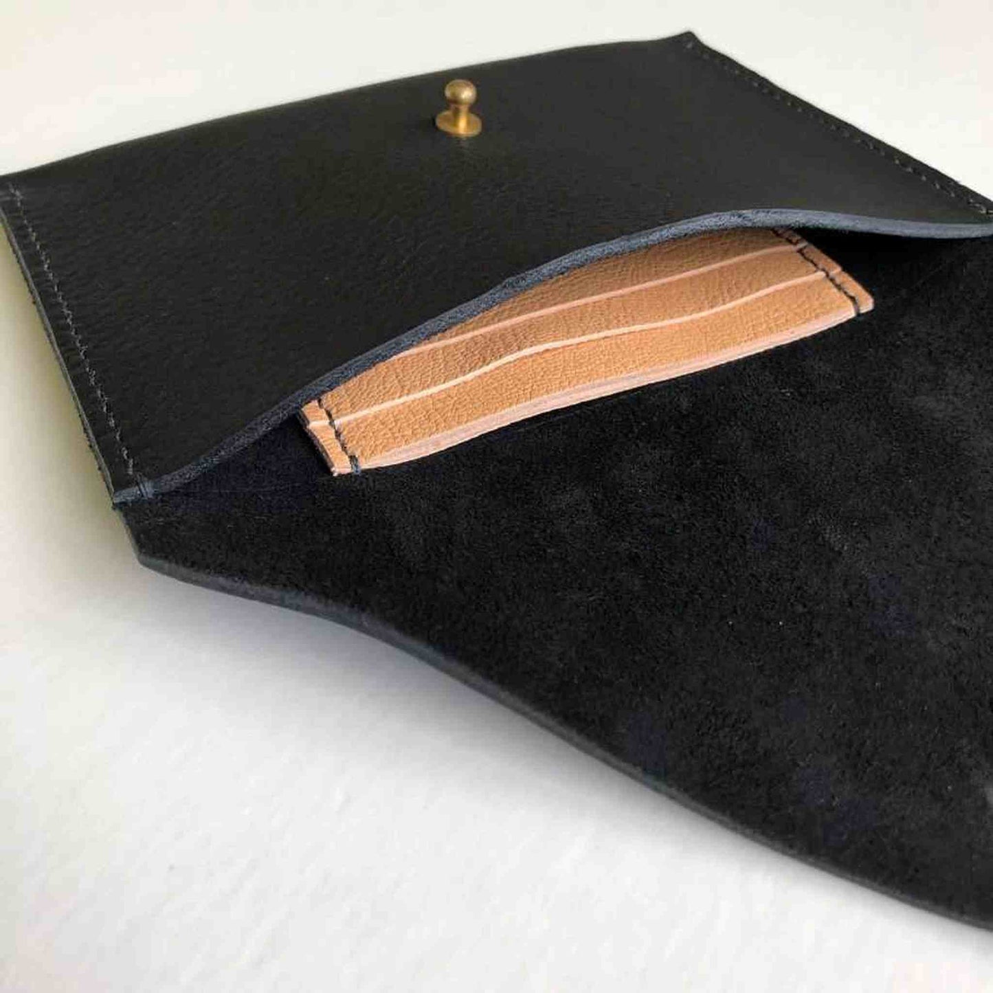 Drifter Maxi Leather Purse Wallet with Brass Press Stud, Open Black Version, Card Slots Inside