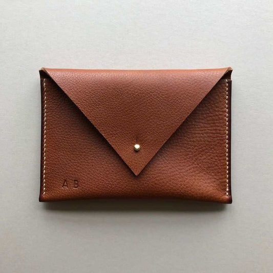 Drifter Maxi Leather Purse Wallet in Tan, minimalist design, sustainable vegetable-tanned leather, triangle flap, brass closure.