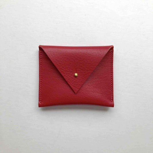 Red Drifter Mini Leather Coin Purse with triangular flap and brass press stud.