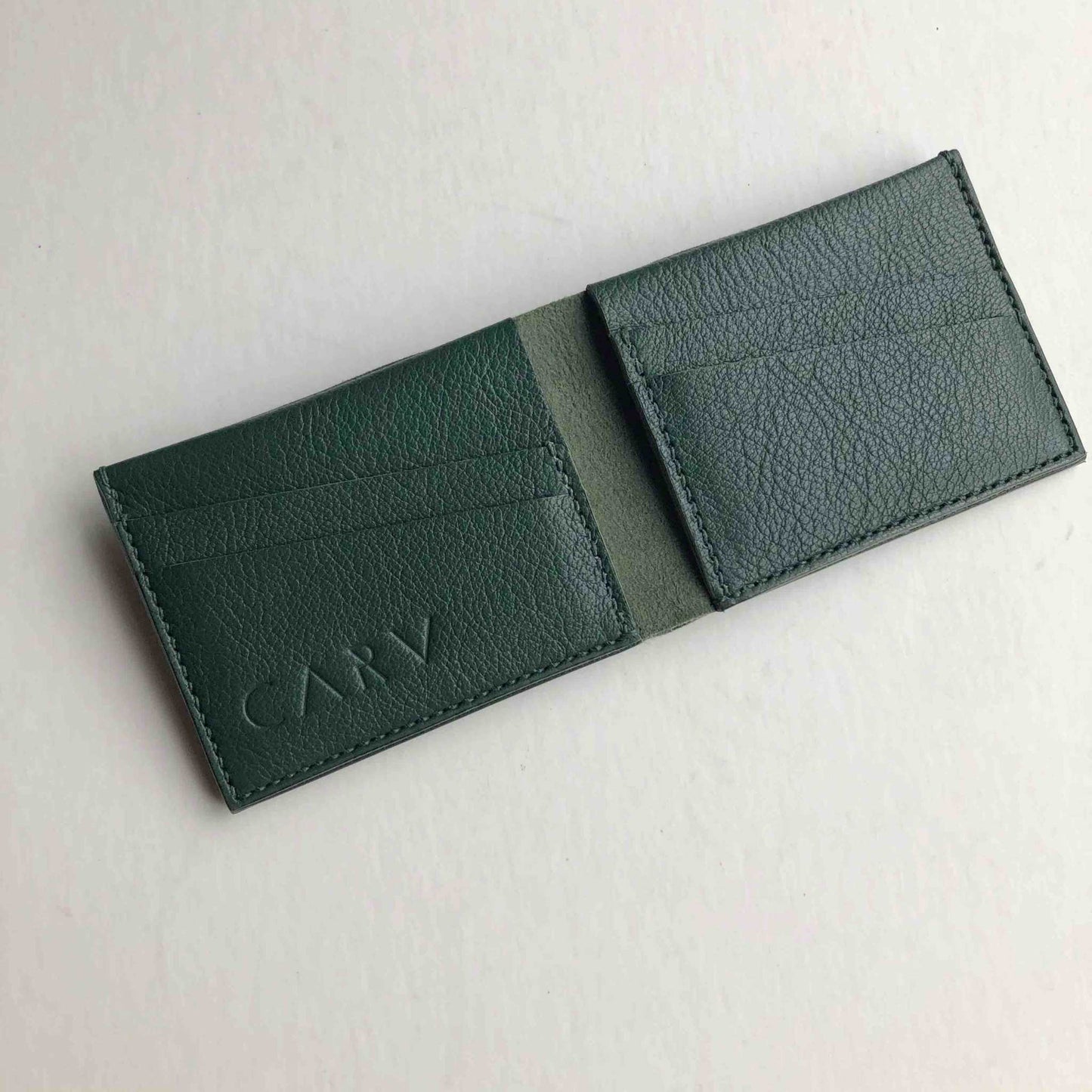 Forest Green Handmade Leather Wallet with card slots, minimalist design, premium craftsmanship.