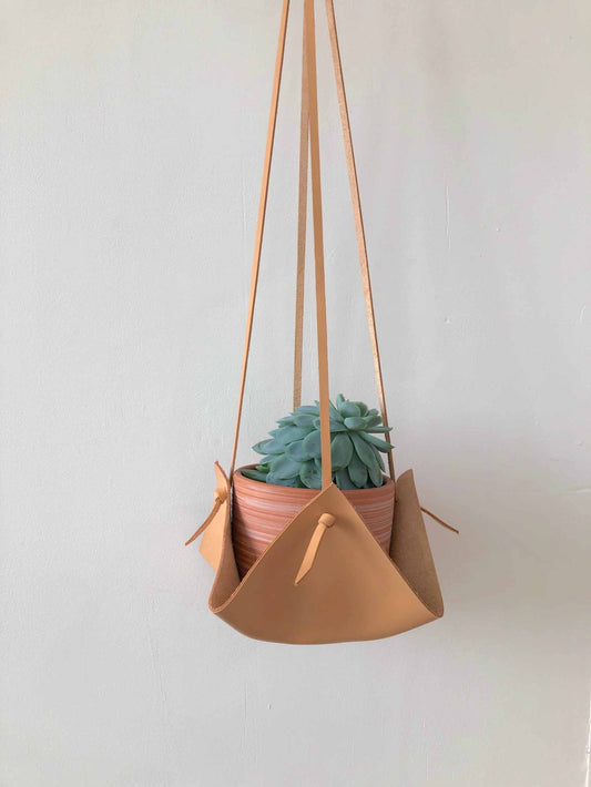 Nyla Leather House Plant Hanger with succulent displayed against a white background.