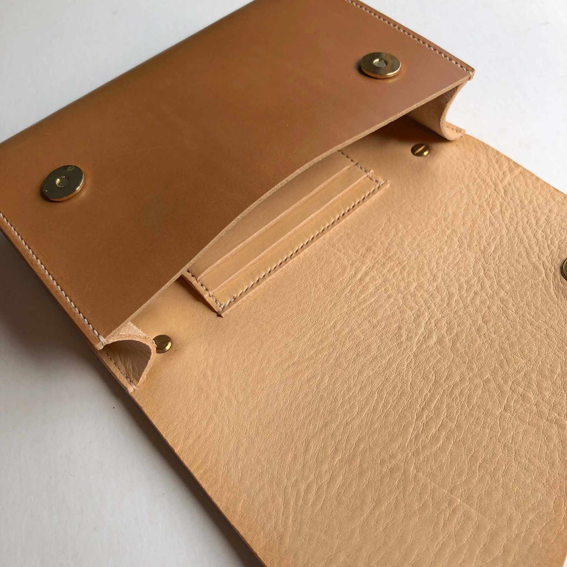 Tan leather crossbody bag with card holder and magnetic closure, handcrafted in the UK.