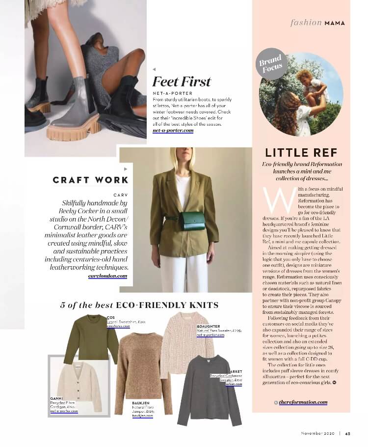 The CARV Sedna green leather crossbody belt bag featured in Absolutely Mama Magazine