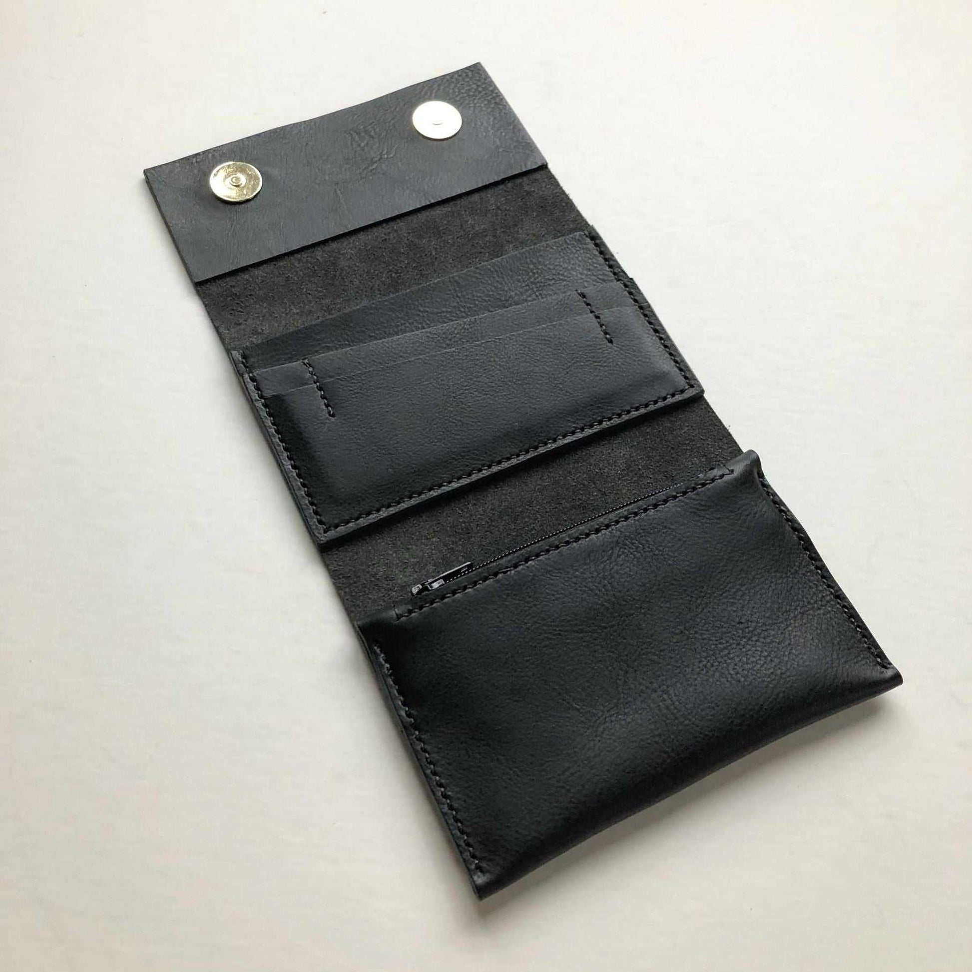 Small leather folding wallet purse in black, features card slots, note compartment, and zip pocket; handcrafted in UK.