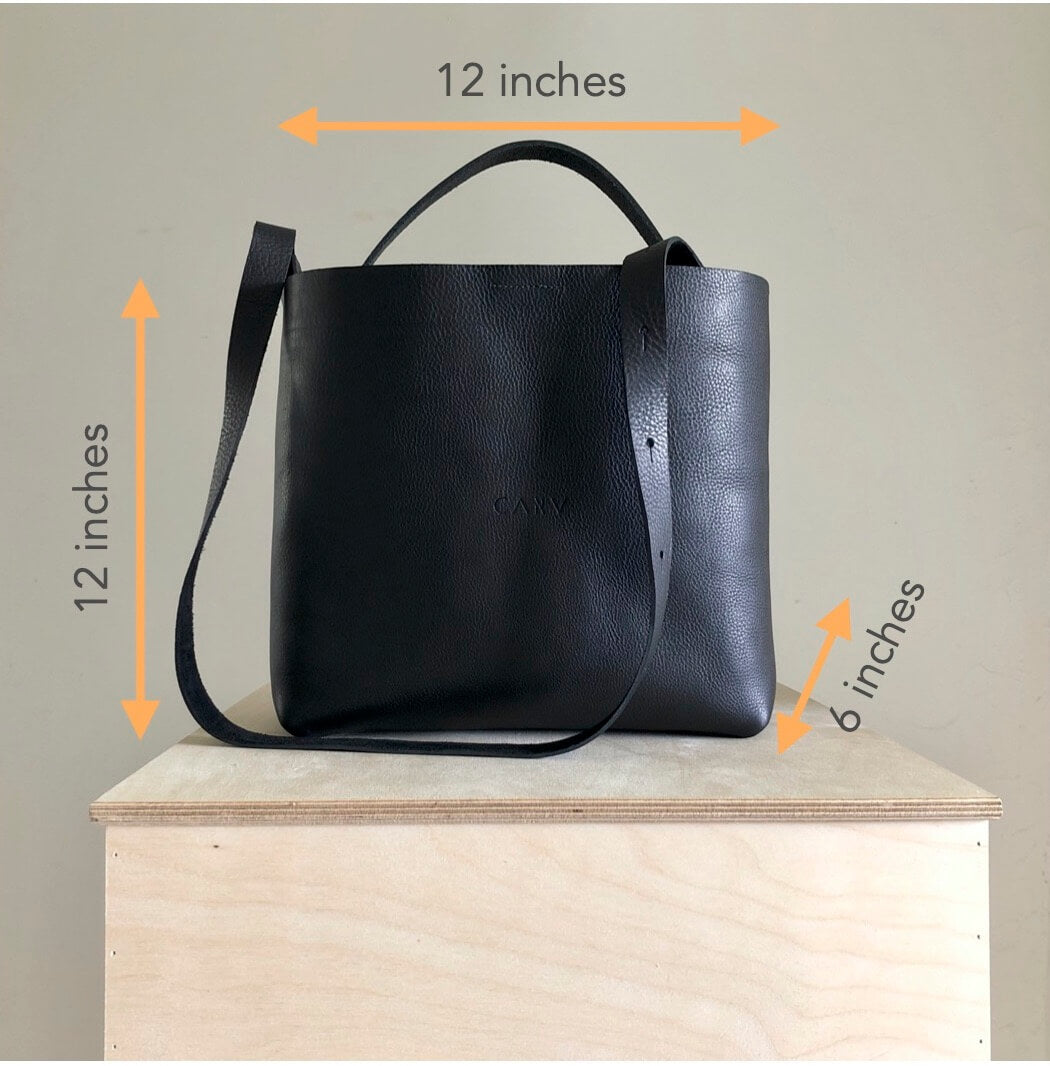 Dimensions of the CARV Midi Basket leather tote bag in black