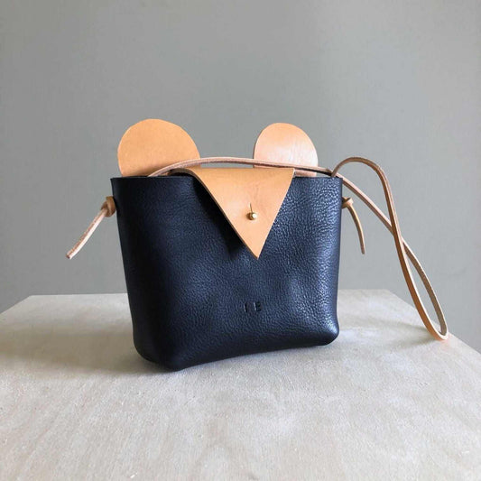 Little Mouse Kids Crossbody Bag in black pebble leather with natural ears and nose, handcrafted in Devon.