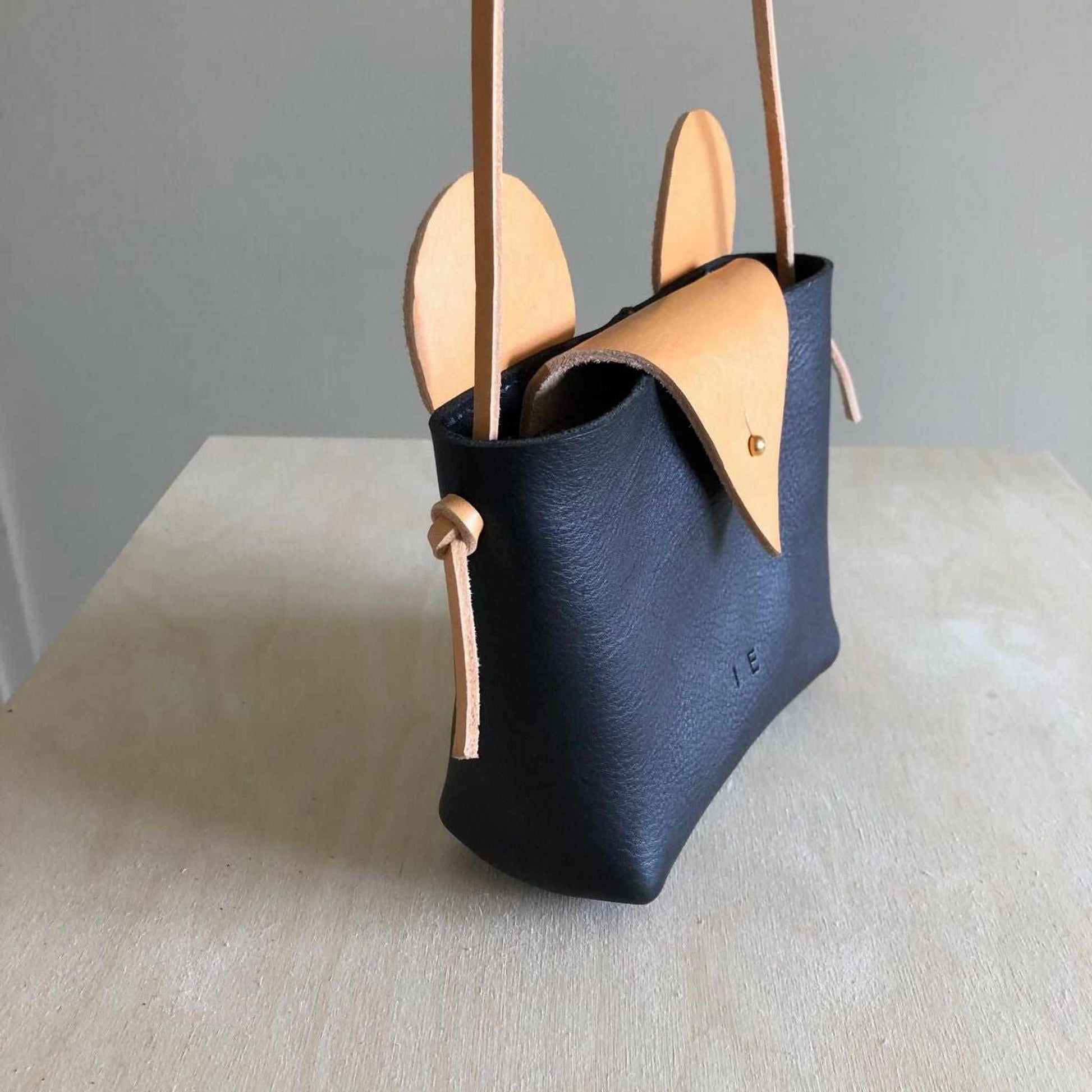 Leather Little Mouse Kids Crossbody Bag in black pebble with natural ears, handcrafted in Devon, UK.