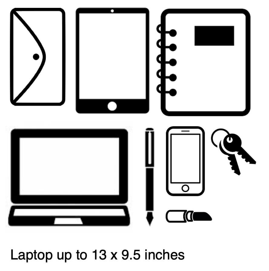 Diagram showing the items that can be carried in the CARV pioneer leather backpack