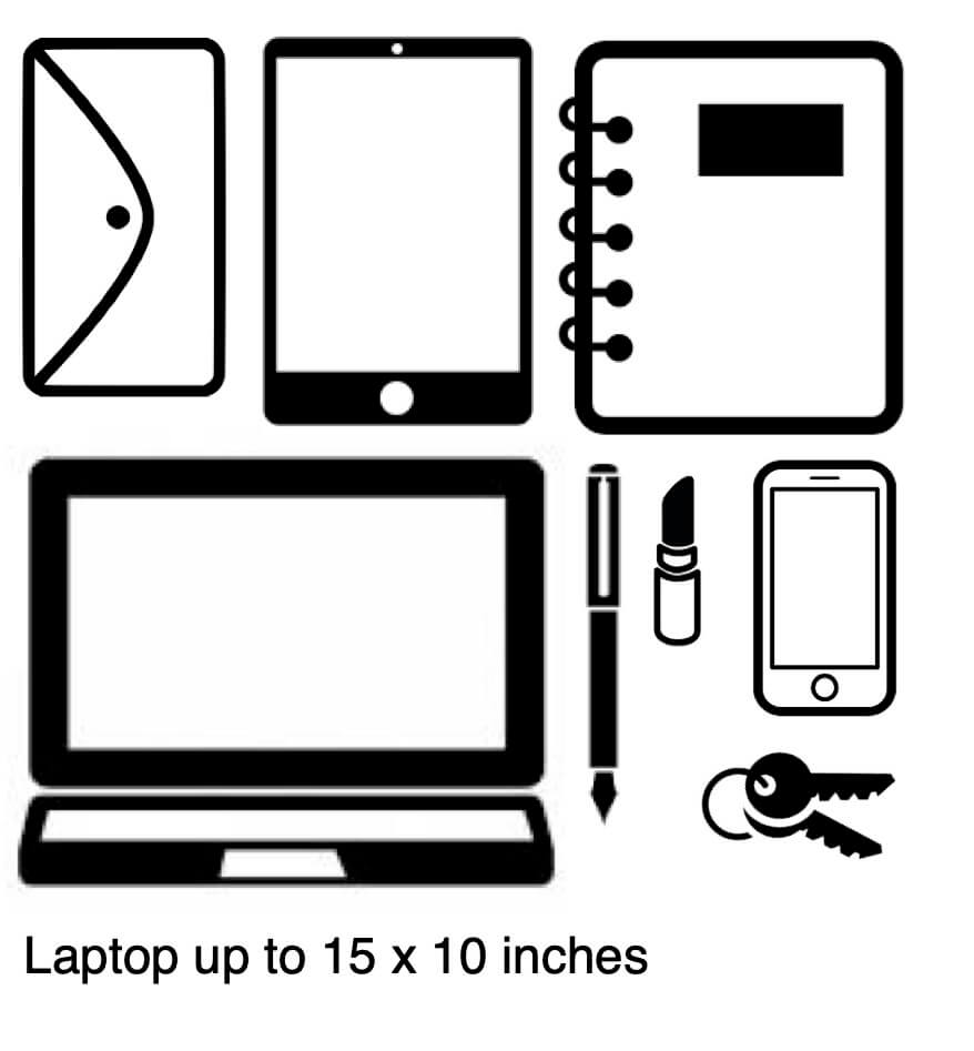 Diagram showing the items that can be carried in the Vita minimalist black leather backpack by CARV